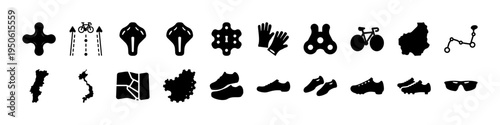 Simple Bicycle Icons and Road Elements in Black and White Design