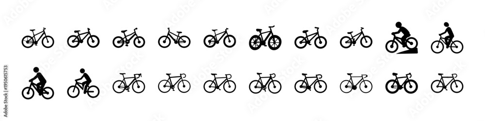 Fototapeta premium Cyclist Riding Positions Bicycle Silhouette Icon Set - Black silhouette icon set showing bicycles and cyclists riding in different positions and styles, useful for cycling sport, transport, and motion