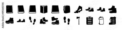 Winter Boots and Footwear Silhouette Icon Set - Black silhouette icons of different winter boots and shoes used for cold weather, hiking, workwear, and outdoor footwear graphics.