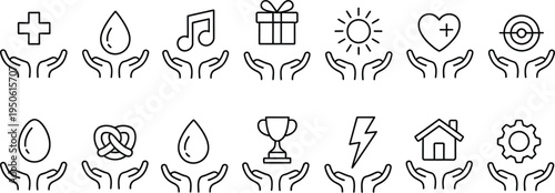 care and support line icon set, hands holding symbols collection, health water music gift sun heart home energy service vector icons