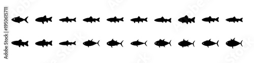 Fish Silhouette Icon Set with Different Species - Black silhouette icons of various fish species in side view, suitable for fishing themes, marine life graphics, seafood design, and aquatic education.