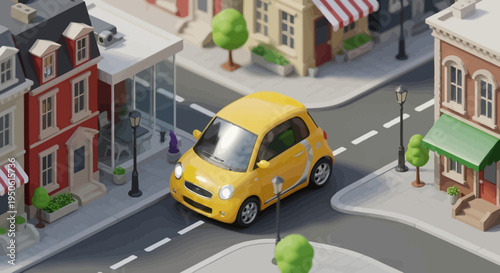 A charming isometric view of a bright yellow compact electric car charging at a street intersection in a quaint, vibrant town