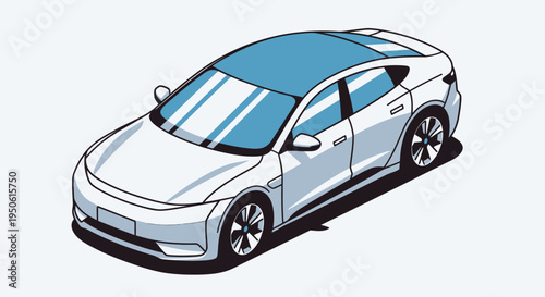 Sleek Isometric Urban Electric Vehicle Illustration Featuring a Modern Sedan Design with Blue Roof and Windows, Symbolizing Sustainable City Transportation and Automotive Innovation