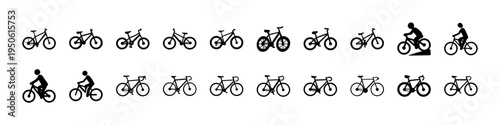 Cyclist Riding Positions Bicycle Silhouette Icon Set - Black silhouette icon set showing bicycles and cyclists riding in different positions and styles, useful for cycling sport, transport, and motion