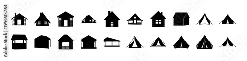 House and Cabin Silhouette Icon Set Collection - Black silhouette icons of different house types including cabins, cottages, and residential homes for real estate, architecture, and housing graphics.