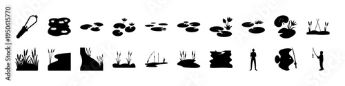 Nature Camping Activity and Outdoor Adventure Icons - Black silhouette icons showing outdoor activities such as camping, fishing, sailing, wildlife tracks, campfire, and nature exploration scenes.