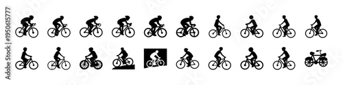 Cyclist Riding Positions and Bicycle Activity Icons - Black silhouette icon set showing cyclists riding bicycles in different positions and activities, useful for cycling sport, commuting, and motion 