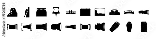 Scuba Diving Equipment Silhouette Icon Set - Black silhouette icons of scuba diving equipment including tanks, masks, fins, regulators, and underwater gear for diving and marine sport graphics.