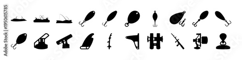 Fishing Equipment and Boat Silhouette Icon Set - Black silhouette icons of fishing gear including boats, rods, reels, hooks, and tackle used for angling, sport fishing, and marine activity graphics.