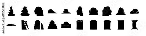 Camping Tent and Shelter Silhouette Icon Set - Black silhouette icon collection of various camping tents, shelters, and campsite structures for outdoor adventure, hiking, and tourism graphics.