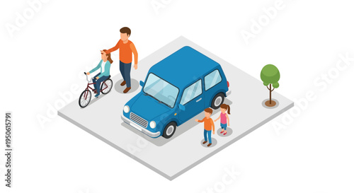 Isometric illustration of a family with a car and bicycle in a suburban setting