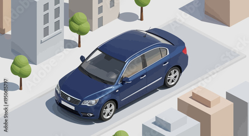 Isometric illustration of a sleek blue sedan parked on a city street, depicting urban transportation and modern automotive design in a minimalist graphic style