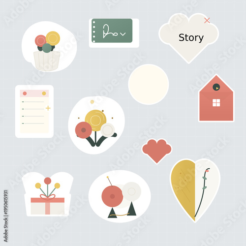 A comprehensive collection of colorful flat vector icons featuring creative storytelling elements, travel symbols, and daily organization tools.