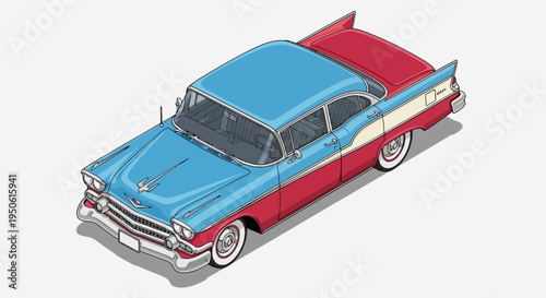 Vintage two-tone isometric sedan, a classic American automobile design from the 1950s, viewed from a high angle