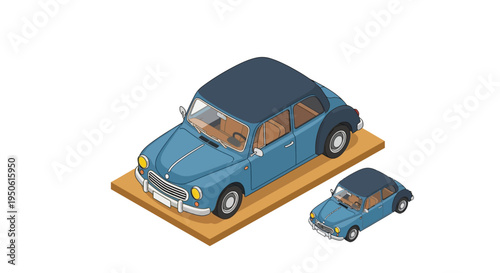 Detailed Isometric Illustration of a Classic Blue Vintage Automobile, Featuring a Retro Car Design for Transportation and Nostalgia Concepts