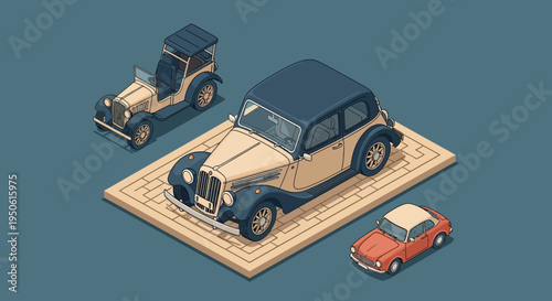 A Collection of Vintage and Classic Automobiles Showcased in an Isometric Perspective
