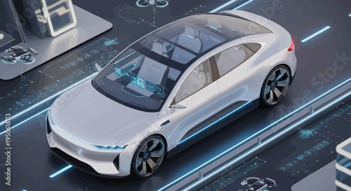 Futuristic autonomous electric vehicle on a modern smart city road, embodying advanced transportation technology and sustainable urban mobility concepts