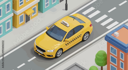 Isometric yellow taxi car driving on a city street with crosswalk and buildings, depicting urban transportation and mobility