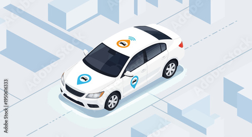 Isometric view of a white ride-sharing car with location pins and Wi-Fi icon on a city street background