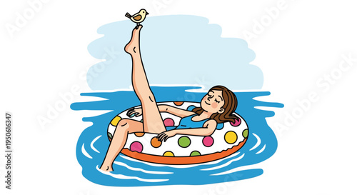 Girl Floating on Polka Dot Inflatable Ring with Bird on Toe Summer Vector