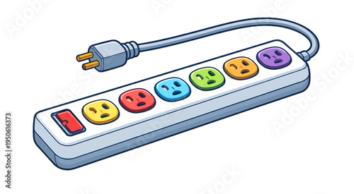 Cartoon power strip displaying multiple colorful electrical outlets and a power button, offering versatile energy distribution