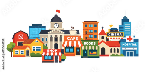 Illustration of a vibrant urban neighborhood showcasing various community services, shops, and homes, creating a lively town setting