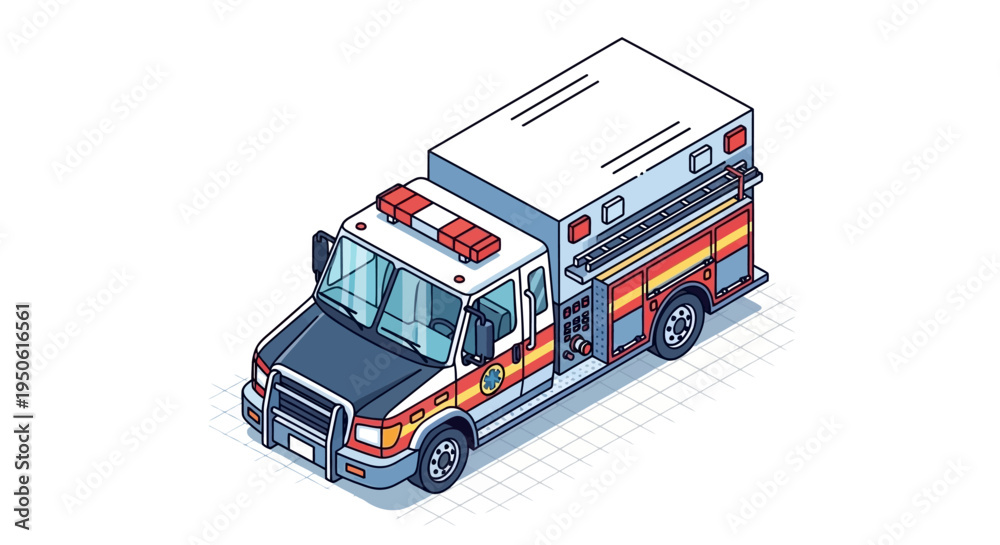 Fototapeta premium Isometric emergency ambulance with flashing lights, symbolizing rapid medical response and urban emergency services