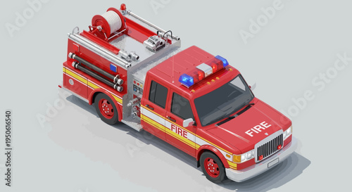 Red emergency vehicle with lights and hose, isometric illustration of a fire truck ready for service
