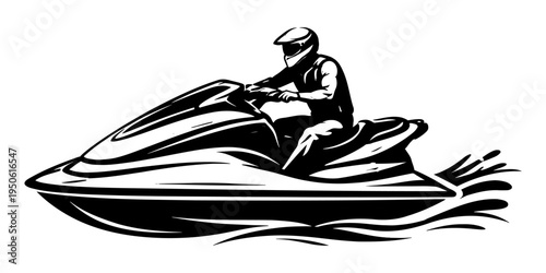 Personal watercraft rider wearing a helmet, enjoying a high-speed ride on the waves, depicting an exciting water sport and adventure