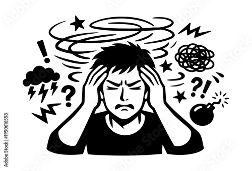 Man in agony, holding his head as if in excruciating pain, with symbols of overwhelming stress and chaos encircling him