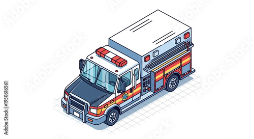 Isometric emergency ambulance with flashing lights, symbolizing rapid medical response and urban emergency services