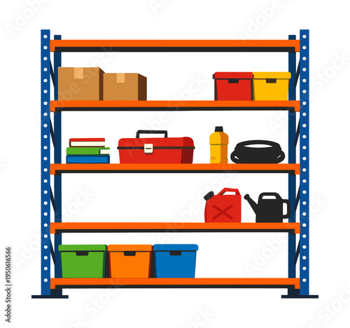 Storage rack holding various items, providing organization and space-saving solutions for a garage, warehouse, or home