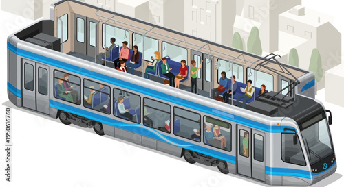 Dynamic Isometric Illustration of a Modern Public Transport Tram Car Filled with Diverse Passengers Commuting Through a Bustling Urban Cityscape