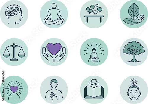 Mental health icons set, black and white vector symbols of brain meditation therapy, mindfulness, emotional balance, stress relief, self-care, counseling, psychiatry, and wellness design.