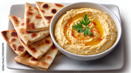 Hummus served with toasted pita bread on a white plate  