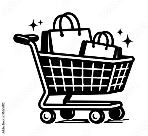 Shopping cart carrying multiple shopping bags, depicting consumer purchases, online retail, and discount sales