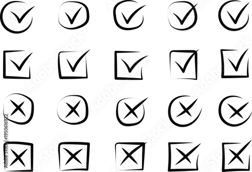 Quadro su tela Black Check Mark and Cross Mark Icons Set, Tick and X Symbols Collection for Cor