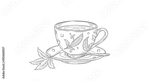 tea cup with leaves on saucer and spoon