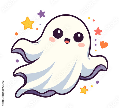 Cute cartoon ghost smiling, floating happily with colorful stars and a heart. Kawaii style character for Halloween designs