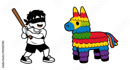 Child standing near a colorful donkey piñata, blindfolded and holding a bat, having fun at a lively celebration