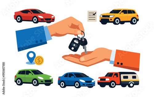 Hands exchanging car keys, symbolizing vehicle rental or purchase, with diverse cars, a contract, and location pin