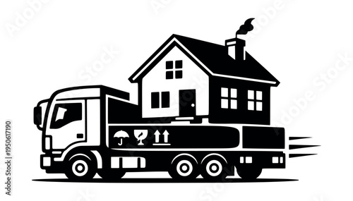 Moving truck carrying a house with smoking chimney and shipping symbols, representing home delivery, relocation, and property transport service