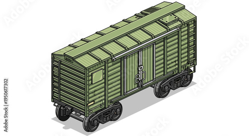Detailed isometric vector illustration of an old green cargo wagon, representing railway shipping and delivery concepts for logistics design