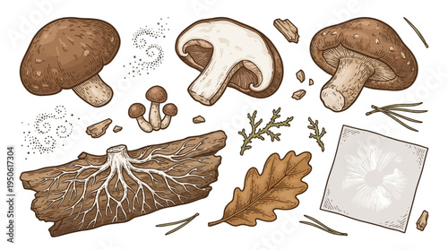 Vintage Shiitake Mushroom Botanical Illustration Set with Mycelium on Log, Spores, Spore Print, and Forest Elements. Hand-Drawn Vector Graphic for Edible Fungi Cultivation and Cooking.