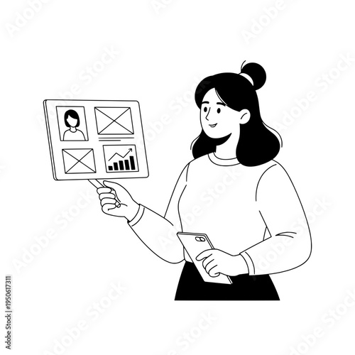 Line art business presentation with dashboard charts illustration or Vector style presenter showing data dashboards and graphs