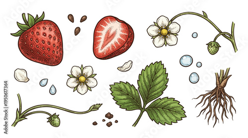 Botanical Vintage Hand-Drawn Strawberry Set with Whole Fruit, Half, Flowers, Leaves, Roots, and Seeds. Engraved Style Vector Illustration for Food Packaging and Natural Design.