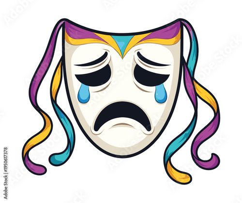 Theater tragedy mask with tears and colorful ribbons, symbolizing dramatic performing arts, sorrow, and emotional expression
