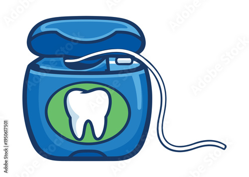 Dental floss box, blue color, having floss string for oral hygiene and mouth cleaning. Health and dentistry concept vector illustration