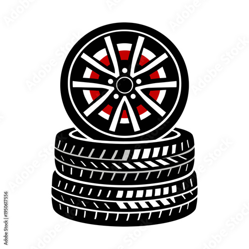 Car wheels with red brake calipers and black tires in a stack, symbolizing automotive repair, service, and spare parts