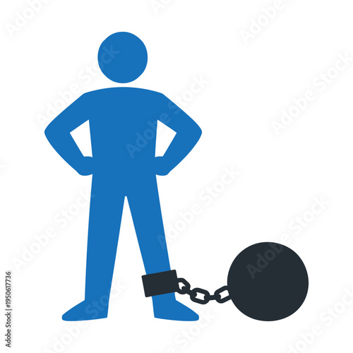 Blue stick figure icon with hands on hips, a ball and chain attached to the ankle, symbolizing restriction, weight, or a problem
